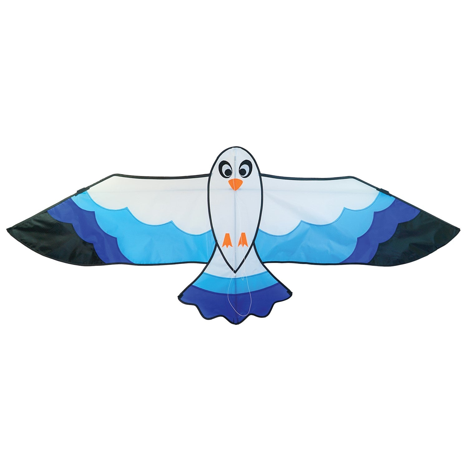 70-inch Blue Seabird Kite featuring a vibrant design and felt details soaring against a clear sky, ideal for outdoor flying adventures.