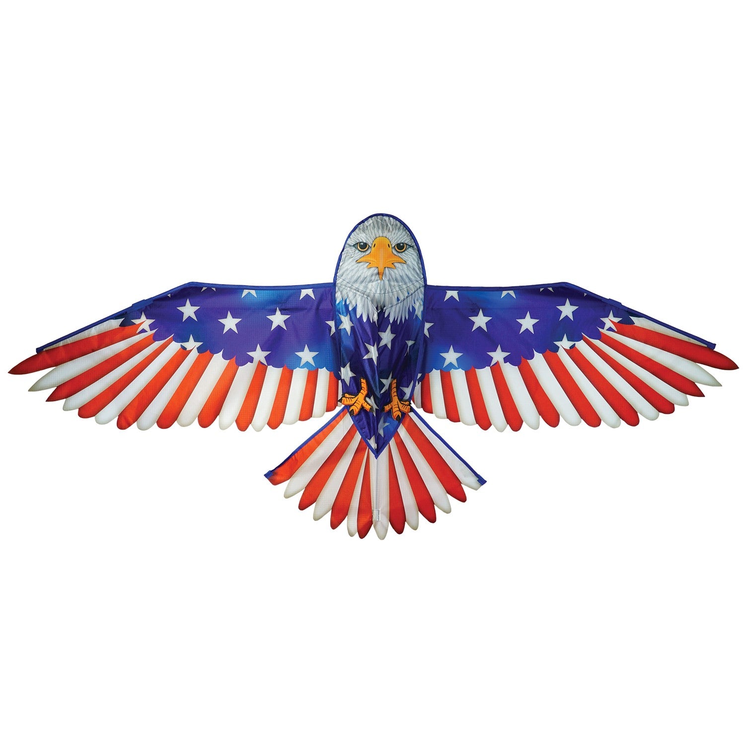 70-inch Patriotic Bald Eagle Kite soaring in the sky, featuring a majestic bald eagle design and American flag patterns against a blue backdrop.