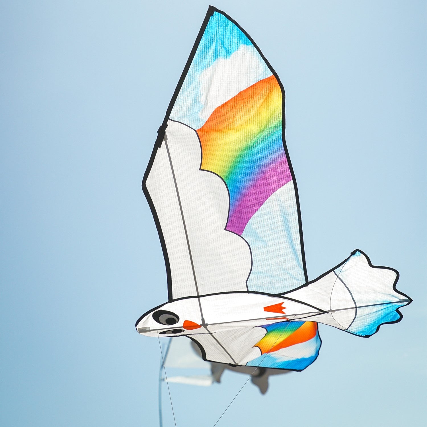 70-Inch Peace Seabird Kite soaring in the sky with a colorful design, showcasing a whimsical seabird and felt details.