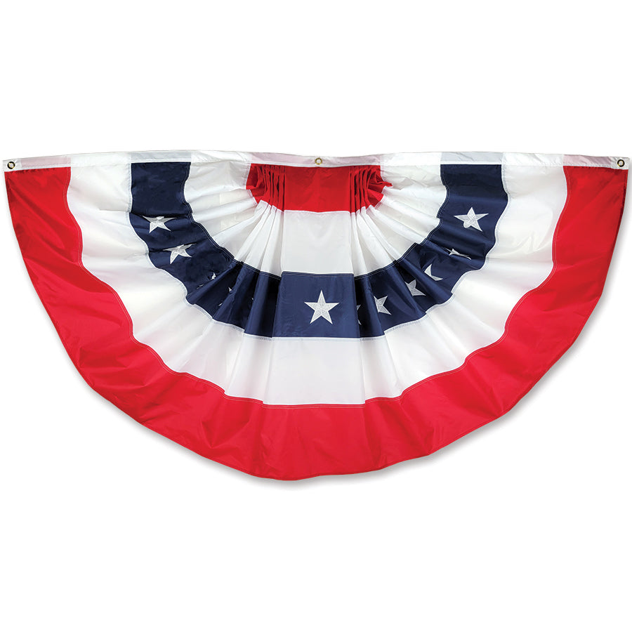 72 in. Patriotic bunting displayed in red, white, and blue hanging across a porch railing, ideal for outdoor celebrations.