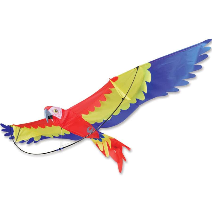 7 ft. Parrot kite with 3D body, vibrant ripstop sail, fiberglass frame, and 300 ft. of line. Includes fabric case with color hang tags.