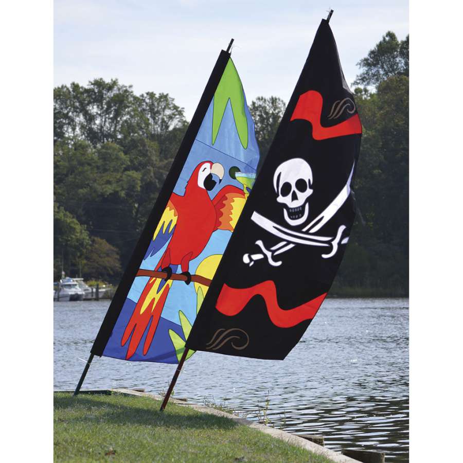 8.5 ft. Feather Banner featuring a vibrant Jolly Roger pirate design, fluttering outdoors in a festive setting.