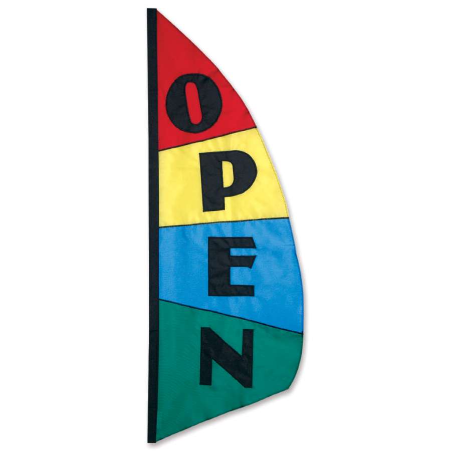8.5 ft. Feather Banner in Open Block Pattern displayed outdoors, showcasing vibrant colors for visibility and promotion.