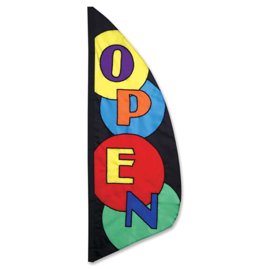 A vibrant 8.5 ft. Feather Banner with an open circle pattern displayed outdoors, fluttering in the wind to promote a business.