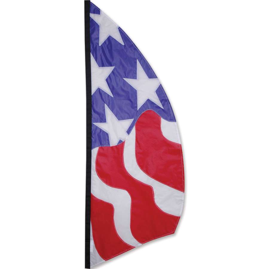 8.5 ft. Feather Banner featuring patriotic colors and design, standing tall at an outdoor event with vibrant display.