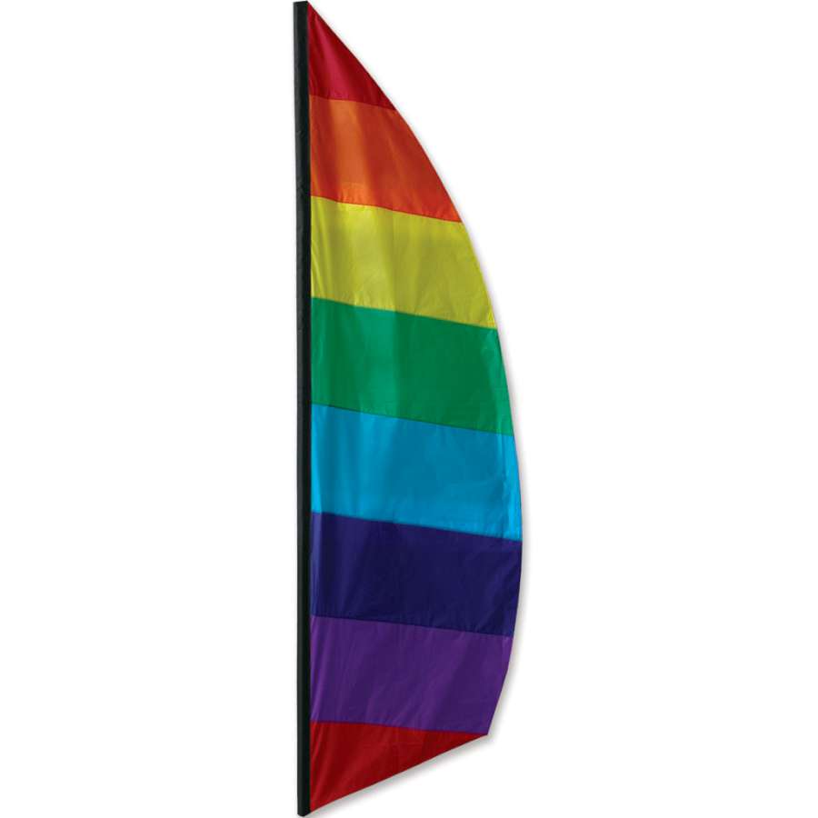 8.5 ft. Feather Banner in Rainbow colors fluttering outdoors, showcasing its vibrant design perfect for events and promotions.