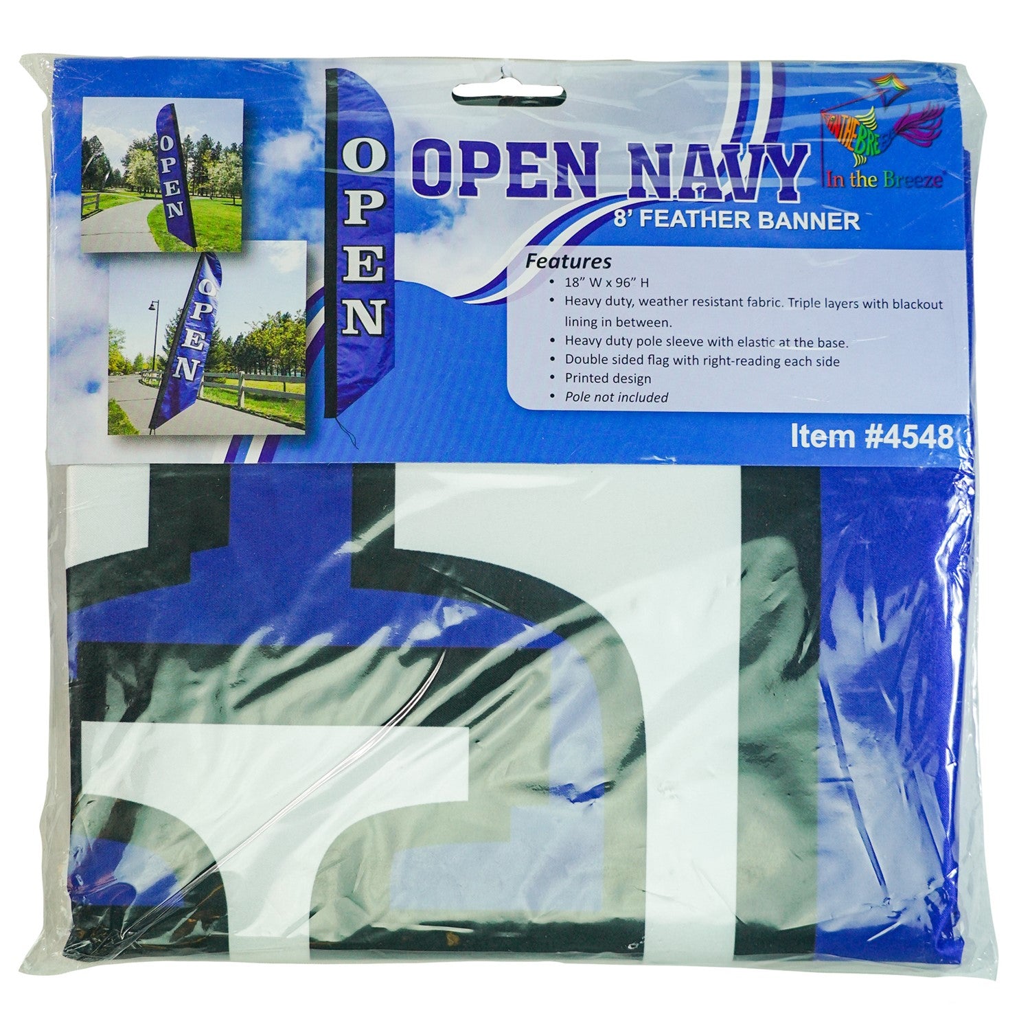 8' Heavy Duty Open Navy Double Sided Feather Banner displayed outdoors, showcasing bold 'OPEN' text designed for visibility and durability.