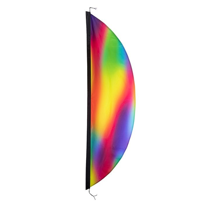 8' Jewel Feather Banner fluttering in the wind, showcasing vibrant colors to attract attention at an outdoor event or storefront.