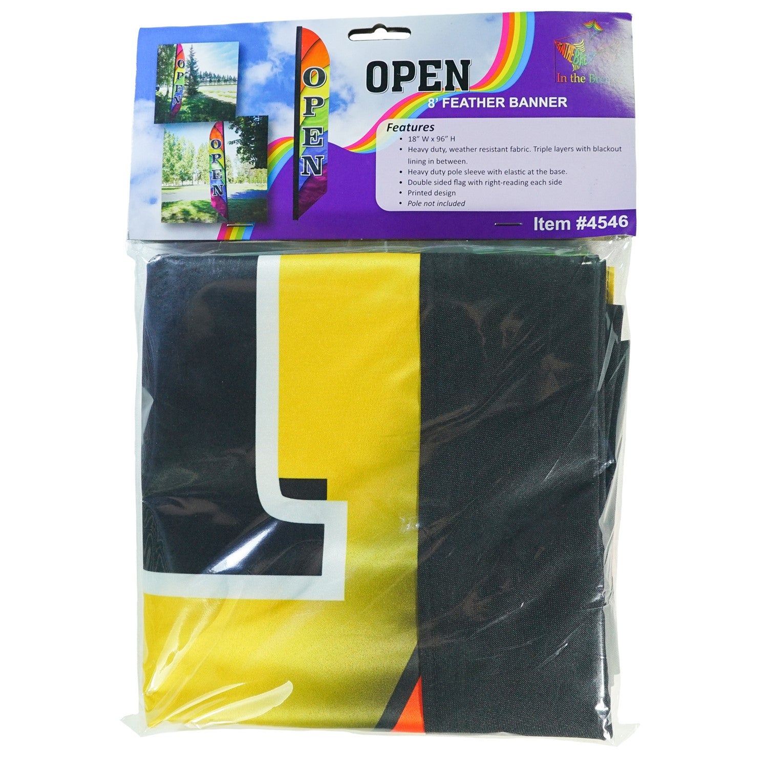 8' Heavy Duty Open Double-Sided Feather Banner displaying a colorful rainbow design outdoors, attracting attention to a storefront.