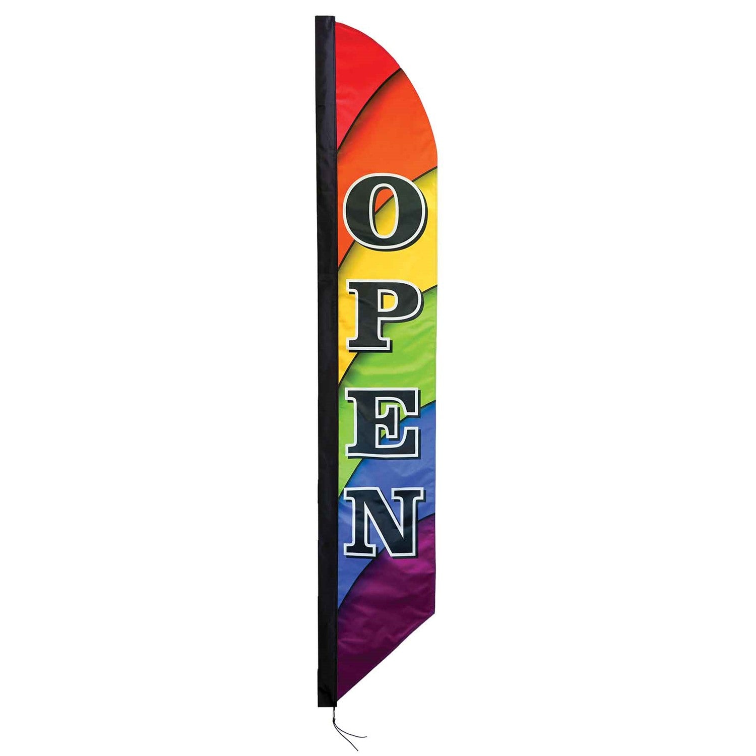 8' Heavy Duty Open Double-Sided Feather Banner displaying a colorful rainbow design outdoors, attracting attention to a storefront.