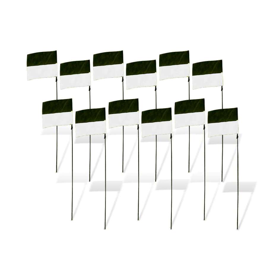 Set of 12 FPV Racing Flag Markers, each 8 in. x 12 in., with clear white and black design, displayed with poles for outdoor racing.