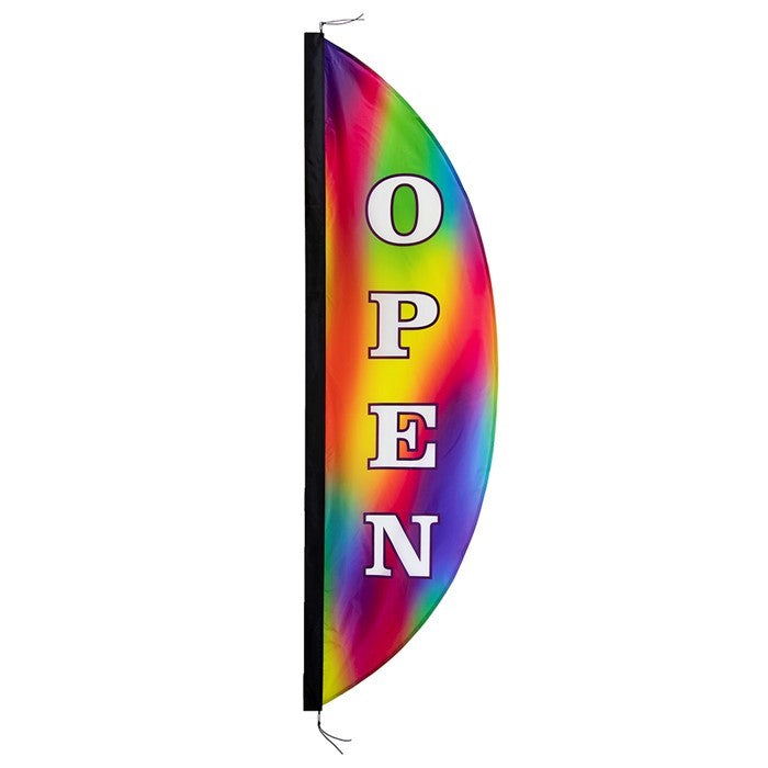 8' Open Jewel Feather Banner in vivid colors, fluttering in the breeze, displaying the 'Open' message outside a retail storefront.