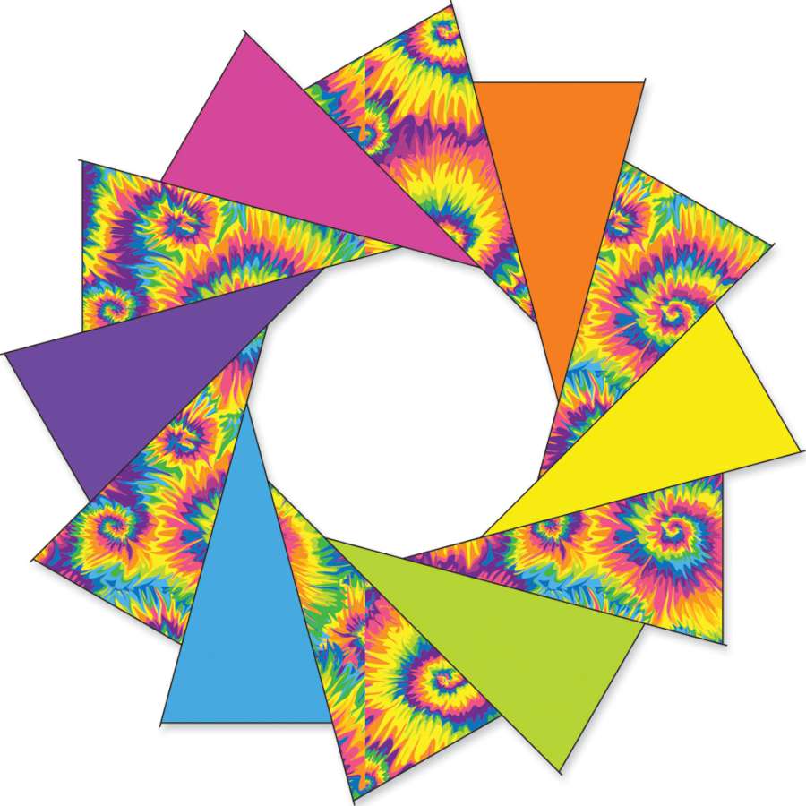 80 in. F-Stop Spinner for kites and line with a colorful tie dye design spinning in the air, enhancing the kite flying experience.