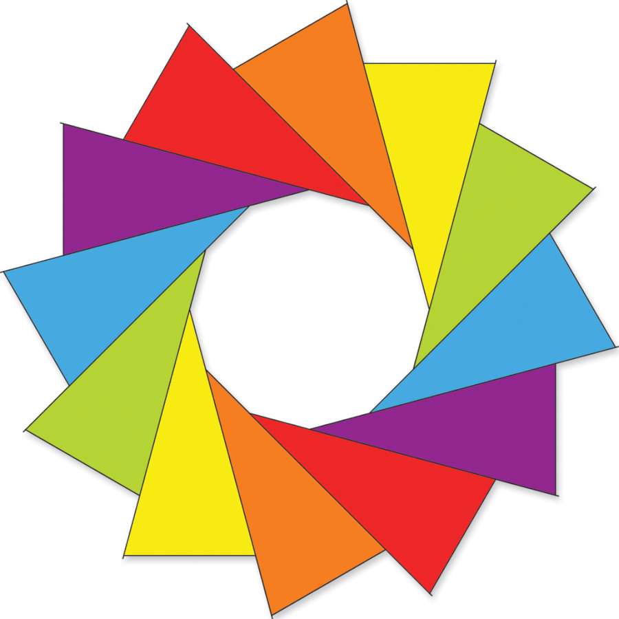 80 inch Rainbow F-Stop Spinner featuring colorful, camera aperture design, spinning gracefully in a sunny outdoor garden setting.