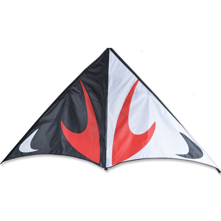 80 in. Travel Delta Kite in vibrant red and black colors, displayed soaring against a blue sky, showcasing its sleek design and large size.