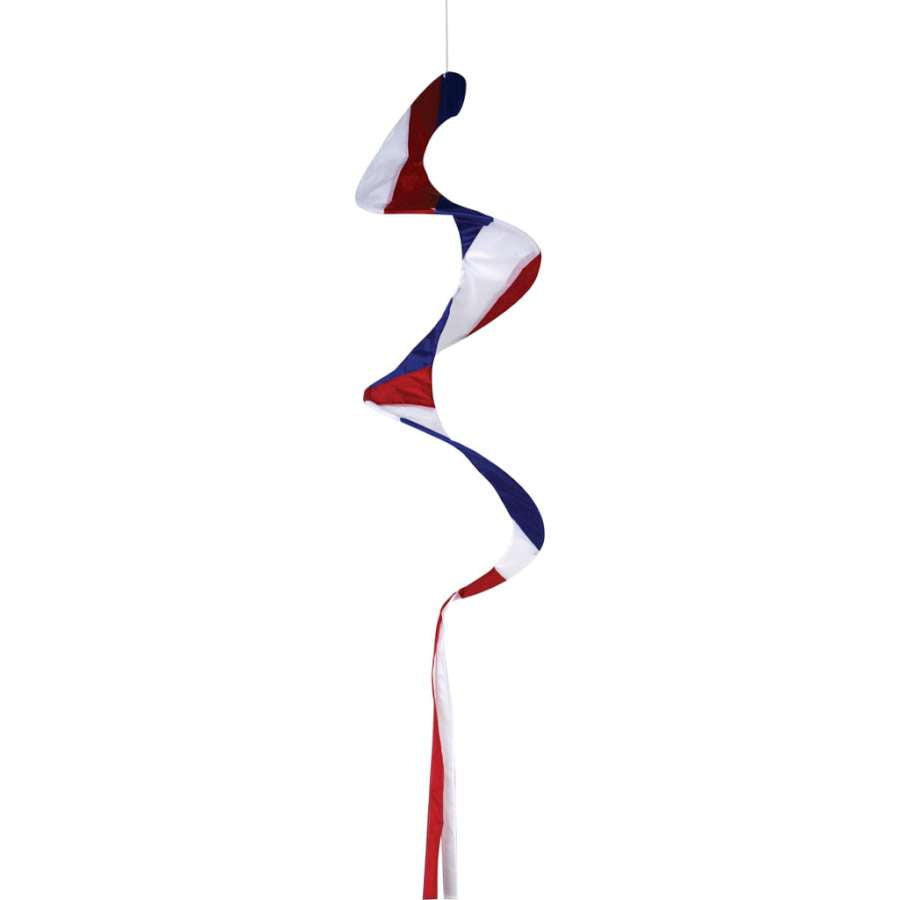 80 in. Whirlwind windsock with red, white, and blue colors fluttering in the wind, creating a dynamic patriotic display in an outdoor setting.