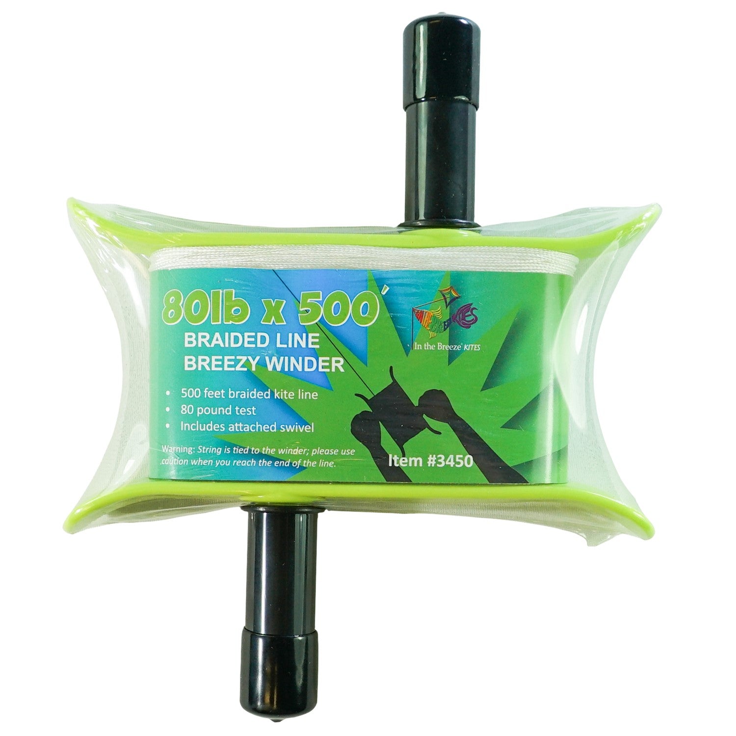 Green 80lb x 500' Braided Breezy WinderTM, featuring strong braided kite line, designed for effortless kite management and outdoor fun.