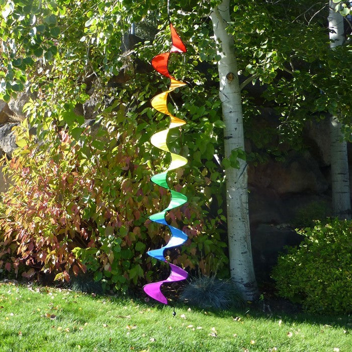 84-inch Rainbow Curlie outdoor decoration made from ripstop nylon, displaying bright colors that swirl in the breeze, perfect for gardens.