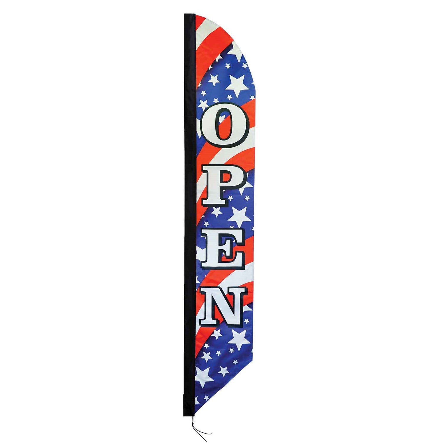 8' Heavy Duty Open Stars & Stripes Double-Sided Feather Banner showcasing vibrant colors of the American flag, displayed outdoors for maximum visibility.