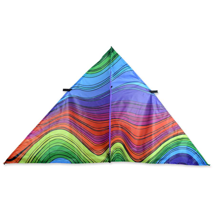 9 ft. Delta Kite - Electromagnetic Rainbow with vibrant colors soaring in the blue sky, framed by the sturdy fiberglass rods.