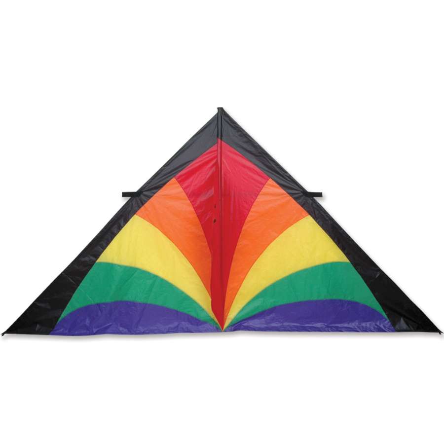 Vibrant 9 ft. Delta Kite - Rainbow Bursts soaring against a bright blue sky, showcasing colorful patterns while flying outdoors.