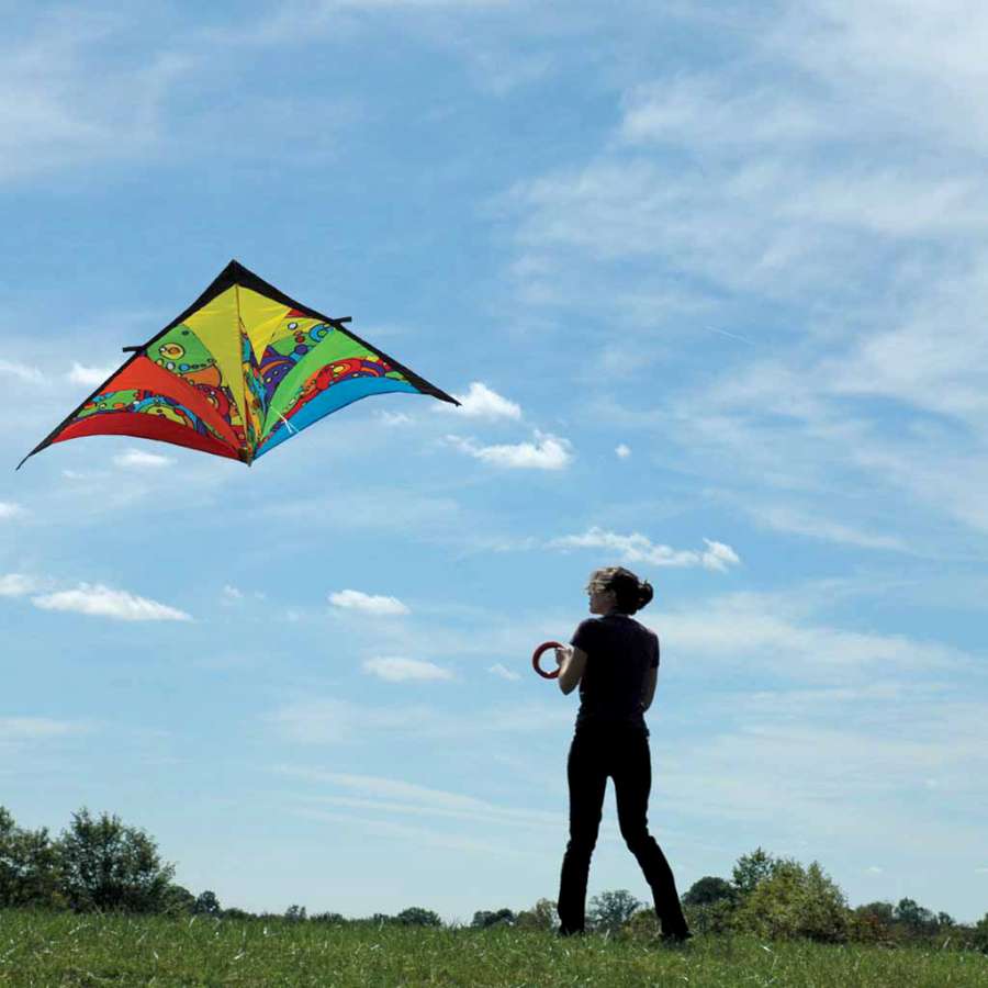 9 ft. Delta Kite - Rainbow Orbit soaring in a clear blue sky, showcasing its vibrant rainbow colors against the backdrop of a sunny day.