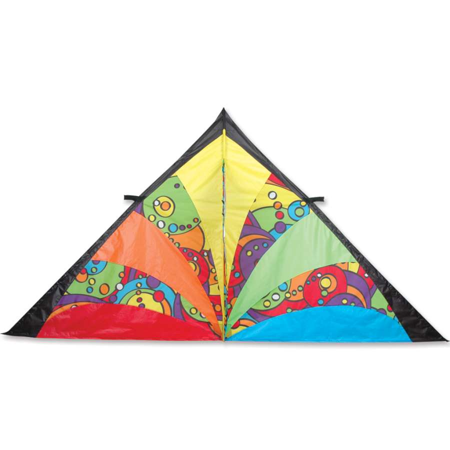 9 ft. Delta Kite - Rainbow Orbit soaring in a clear blue sky, showcasing its vibrant rainbow colors against the backdrop of a sunny day.