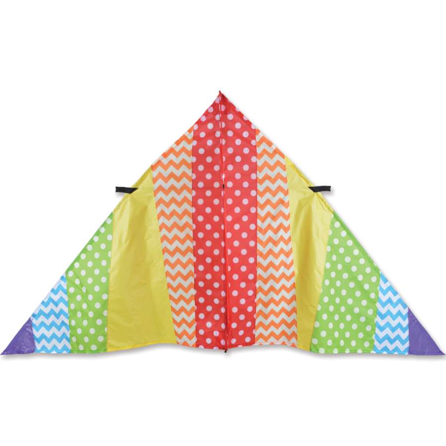 9 ft. Delta Kite featuring bright rainbow patterns soaring in the sky, showcasing its stable design and vibrant colors.
