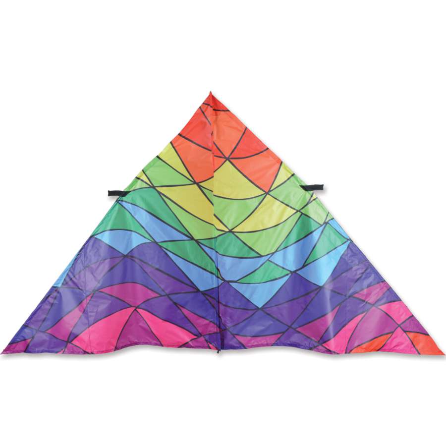 9 ft. Delta Kite featuring rainbow triangles flying against a clear blue sky, showcasing its colorful design and sturdy construction.