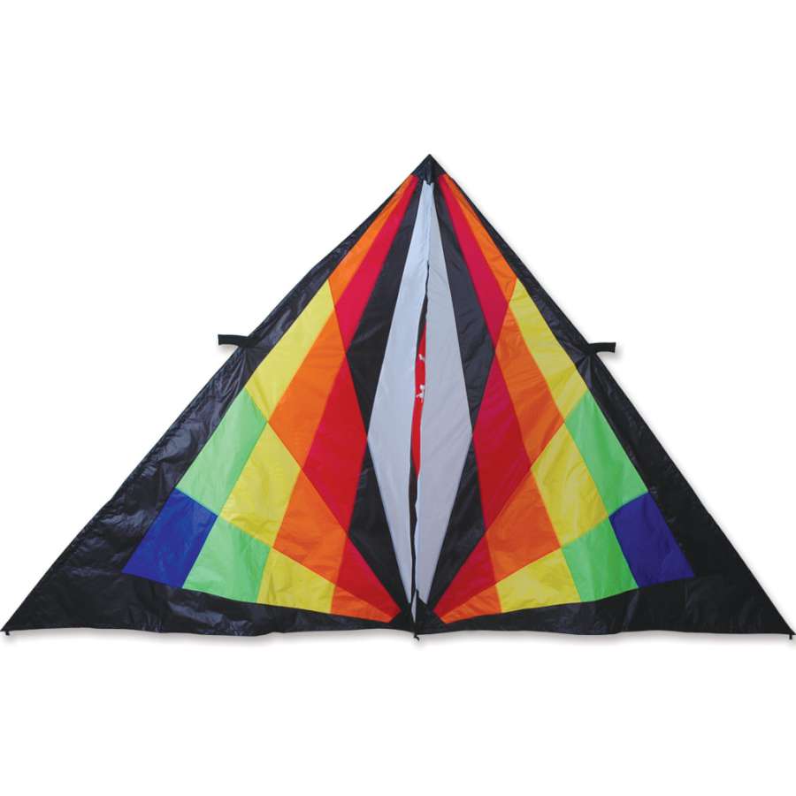 A vibrant 9 ft. Delta Kite featuring a colorful design in flight against a clear blue sky, showcasing its large size and aerodynamic shape.