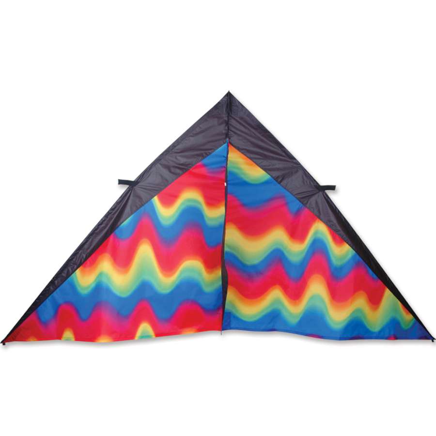 Colorful 9 ft. Delta Kite in wavy gradient design soaring against a clear blue sky with light clouds, displaying its aerodynamic delta shape.