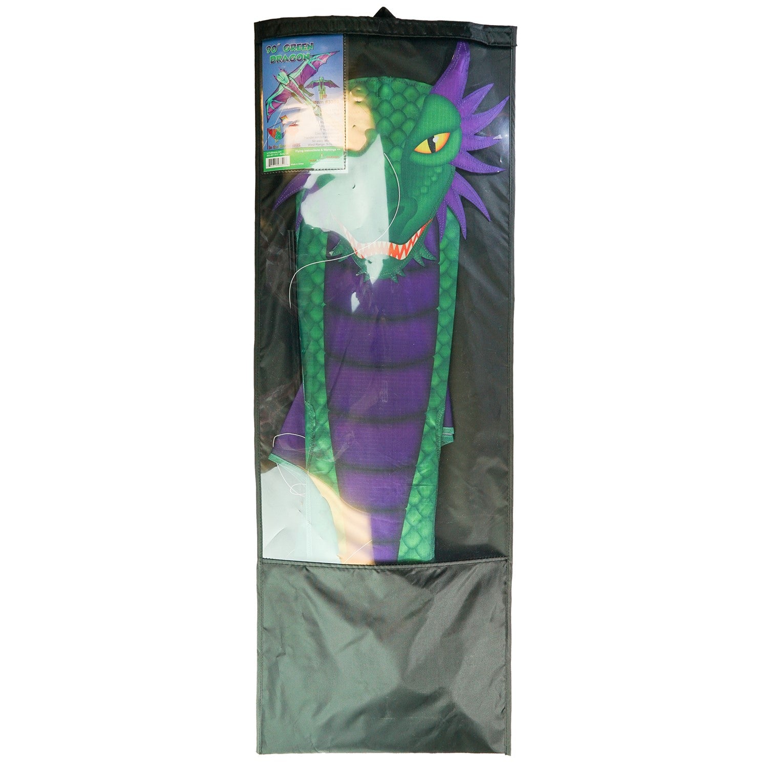 90" dragon kite featuring a vibrant dragon design soaring through the sky, complete with a long inflatable tail for stability and easy handling.