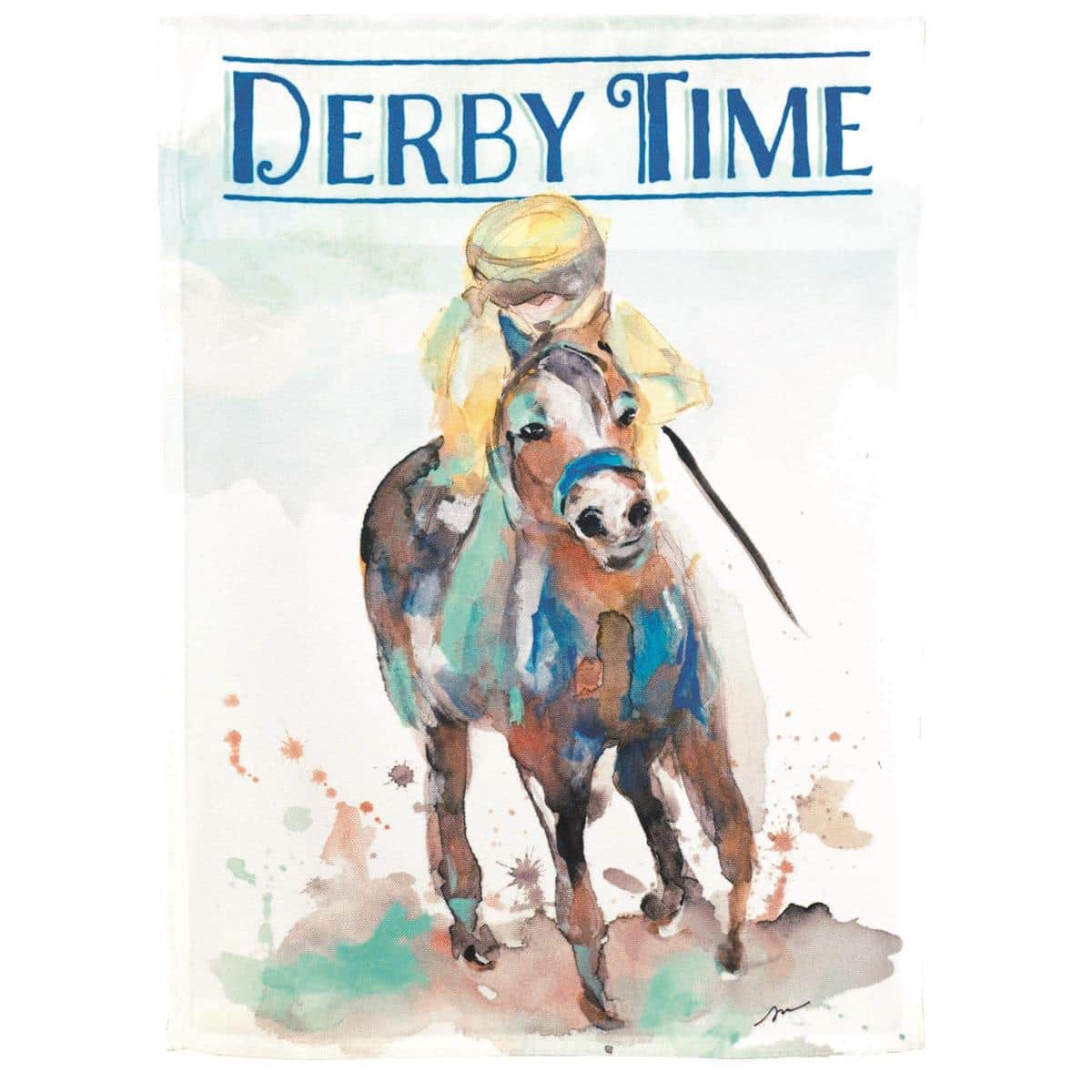 Jockey riding a racehorse artwork on a 13x18 printed garden flag, derby style, outdoor decor displayed on a standard stand by a front walkway.