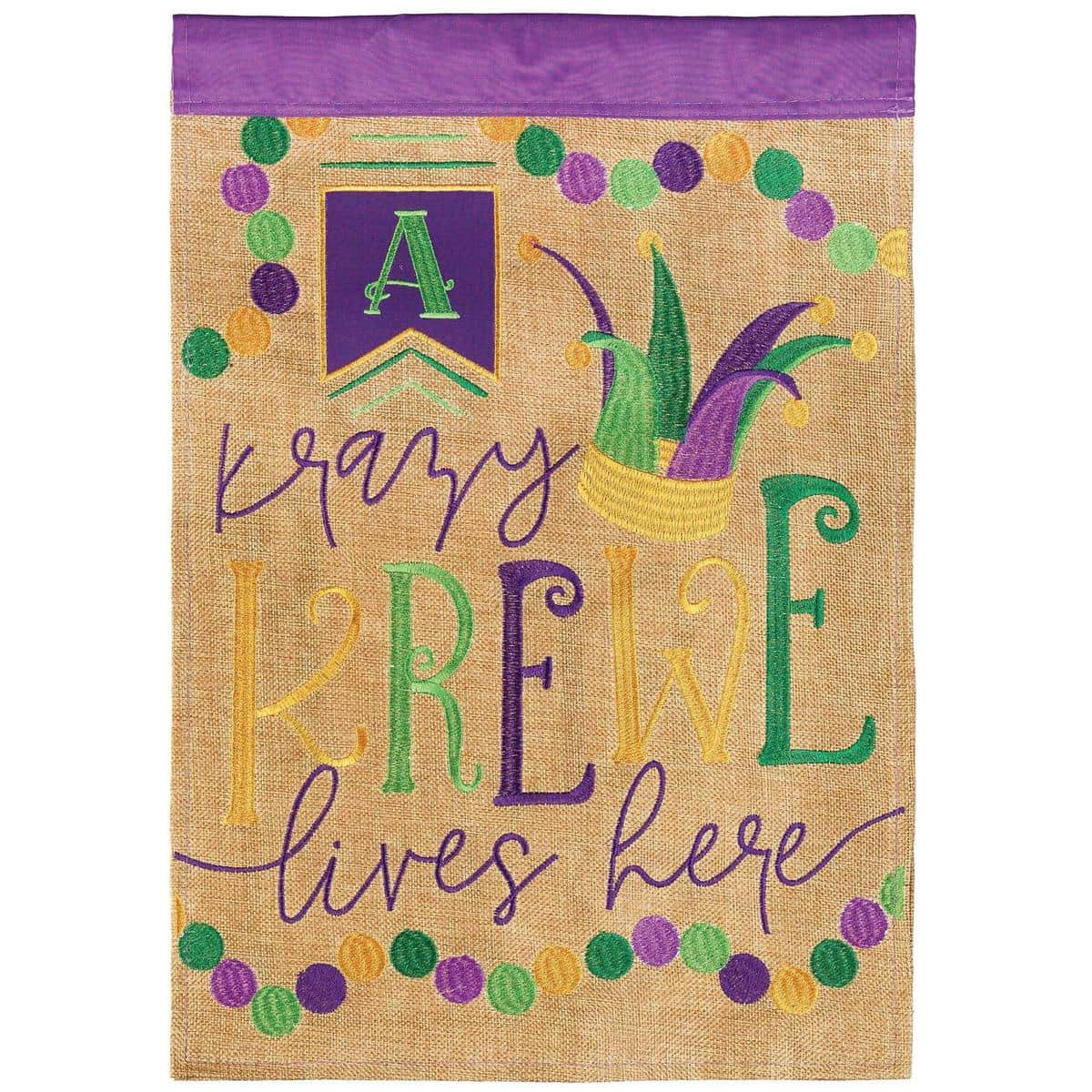 29x42 Krazy Krewe Lives Here Mardi Gras banner flag double applique purple green gold for front porch, yard, or parade season display.