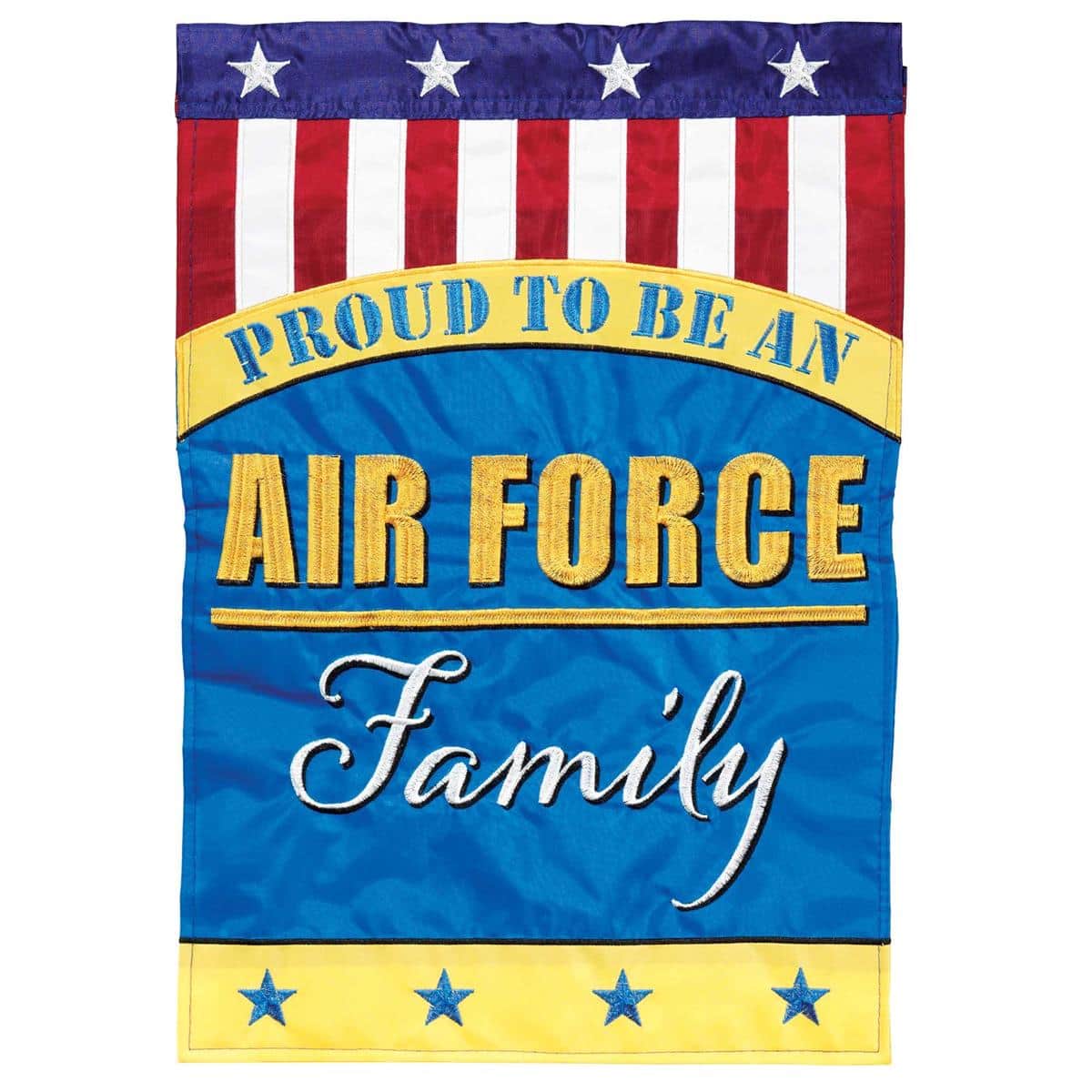 13x18 Air Force Family double applique garden flag displayed on a yard stand showing the Air Force emblem, "Family" lettering, and blue background with stitched applique details.