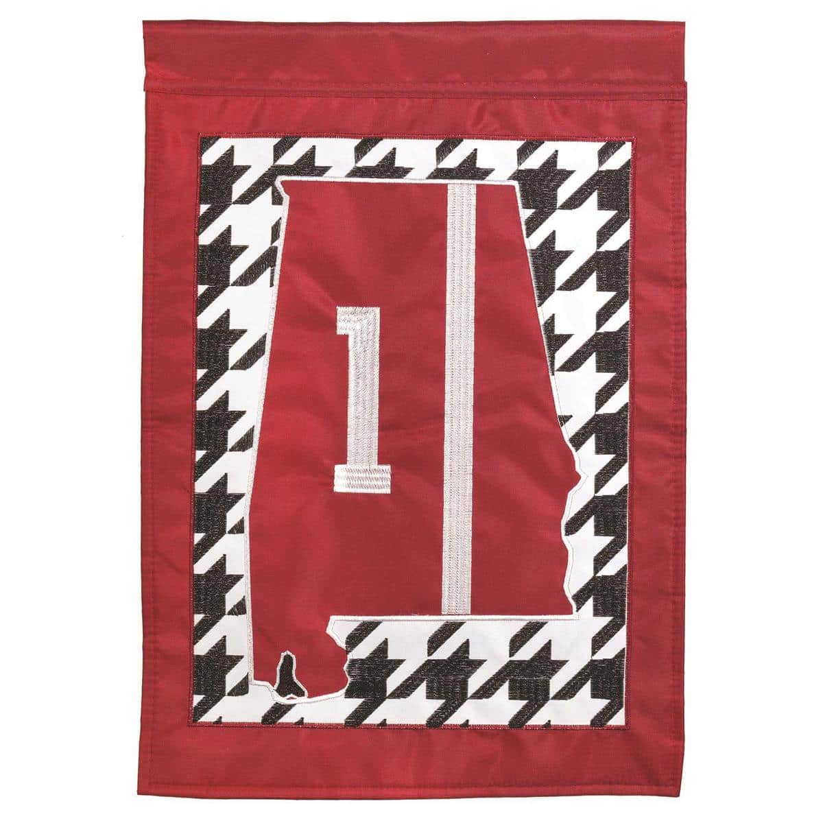 Alabama #1 double applique garden flag 13x18 displayed on a black metal garden pole showing bold state-inspired graphics and reinforced top sleeve