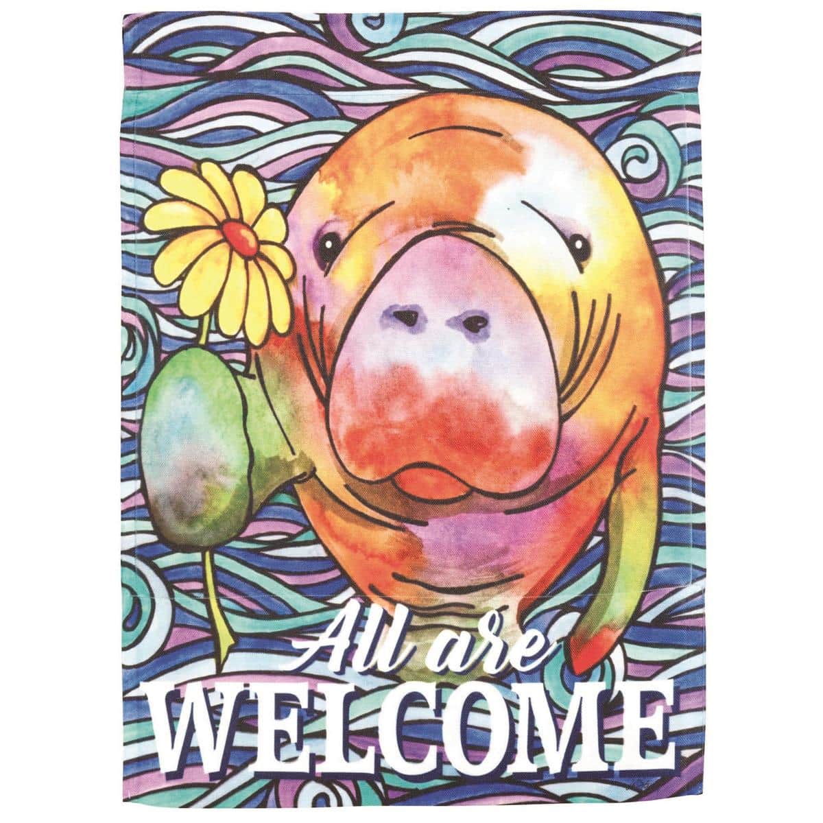 13x18 printed All Are Welcome Manatee garden flag showing a friendly manatee with coastal plants and soft watercolor-style waves, mounted with a sewn rod sleeve for garden display.