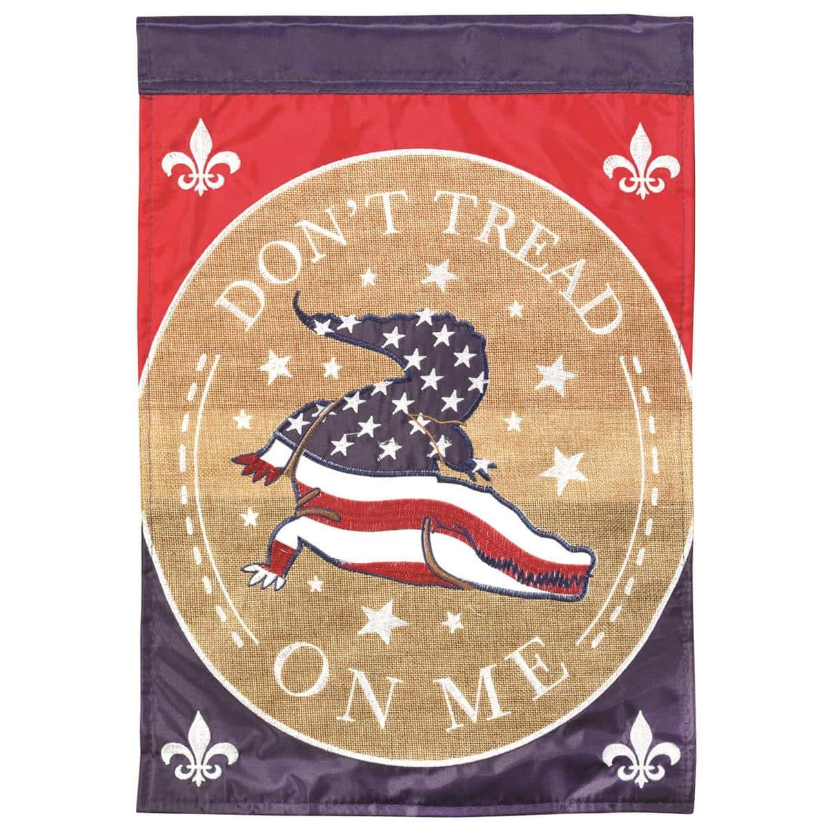 13x18 Alligator Dont Tread On Me garden flag double applique with yellow background, bold green alligator graphic, and black text, ideal for outdoor porch and garden display