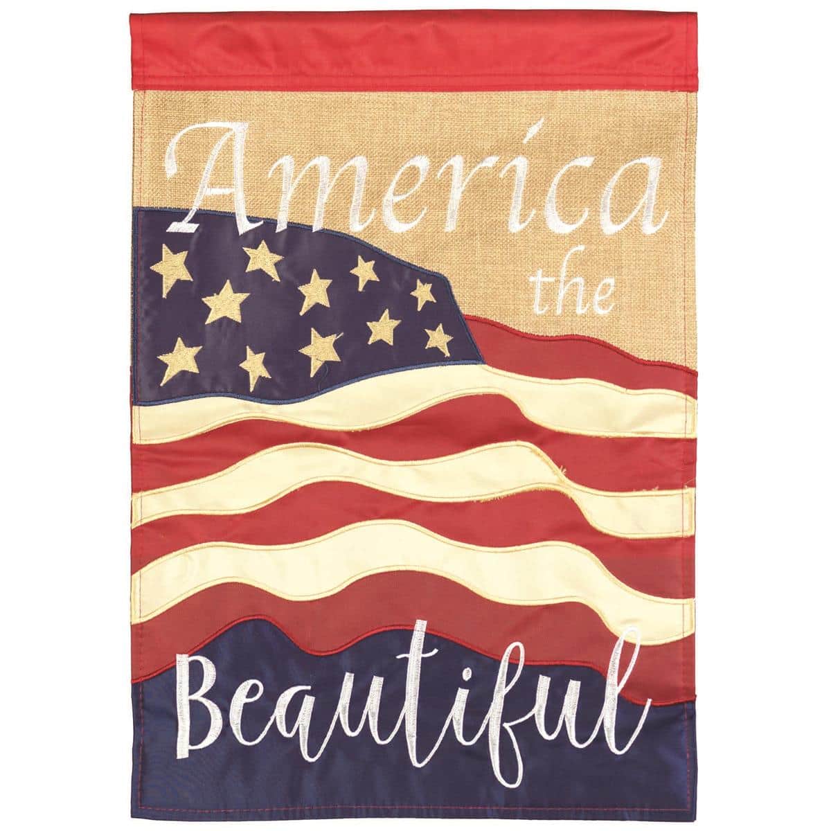 Alt text for main product image: AmericaBeautiful 13x18 garden flag showing layered stars and stripes applique, detailed topstitching, and rich colors hanging on a standard garden pole in a front yard.
