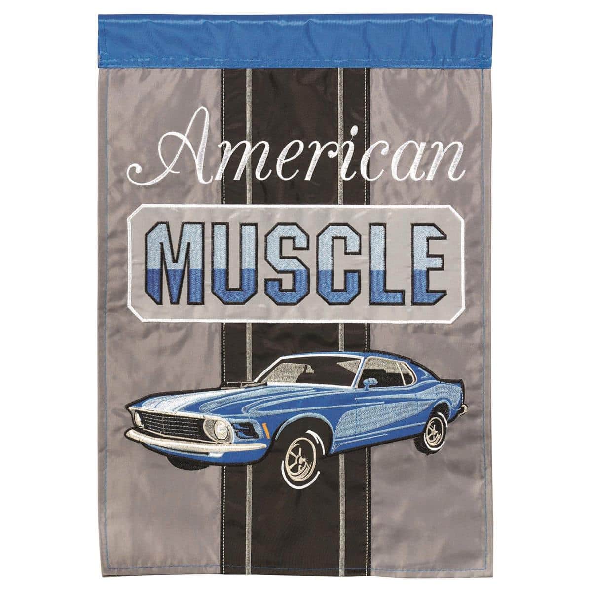 Double sided blue muscle car garden flag 13x18 inches displayed outdoors, classic car artwork on durable fabric, fits standard garden flag stands, product photo.