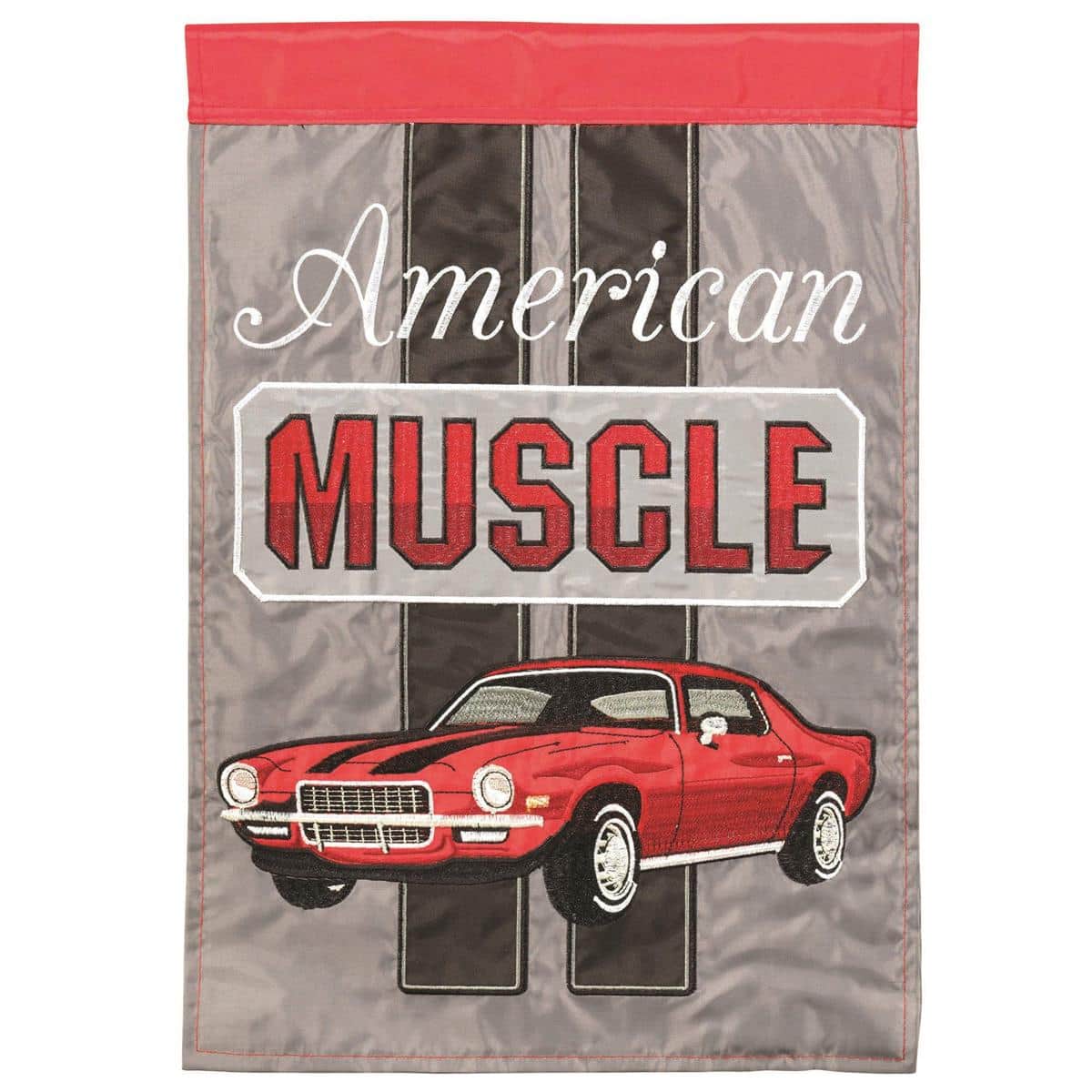 13x18 red garden flag featuring a detailed double applique vintage American muscle car graphic with bold colors and reinforced edges for yard display and garden flag poles.