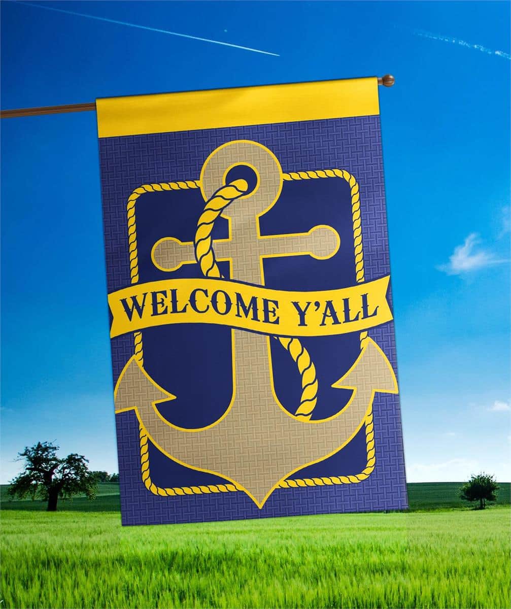 Coastal anchor banner flag 29x42 burlap with double applique "Welcome Yall" displayed on a porch railing in a waterfront setting.