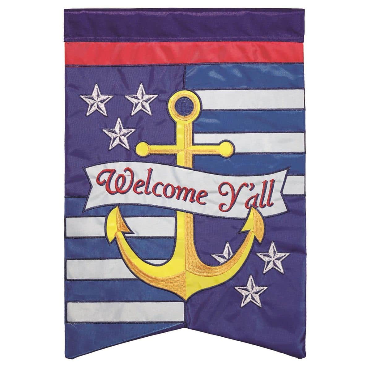 13x18 Anchor Welcome Yall nautical garden flag on metal stand, double applique layers with embroidered anchor and rope, navy and white stripes, two-sided.