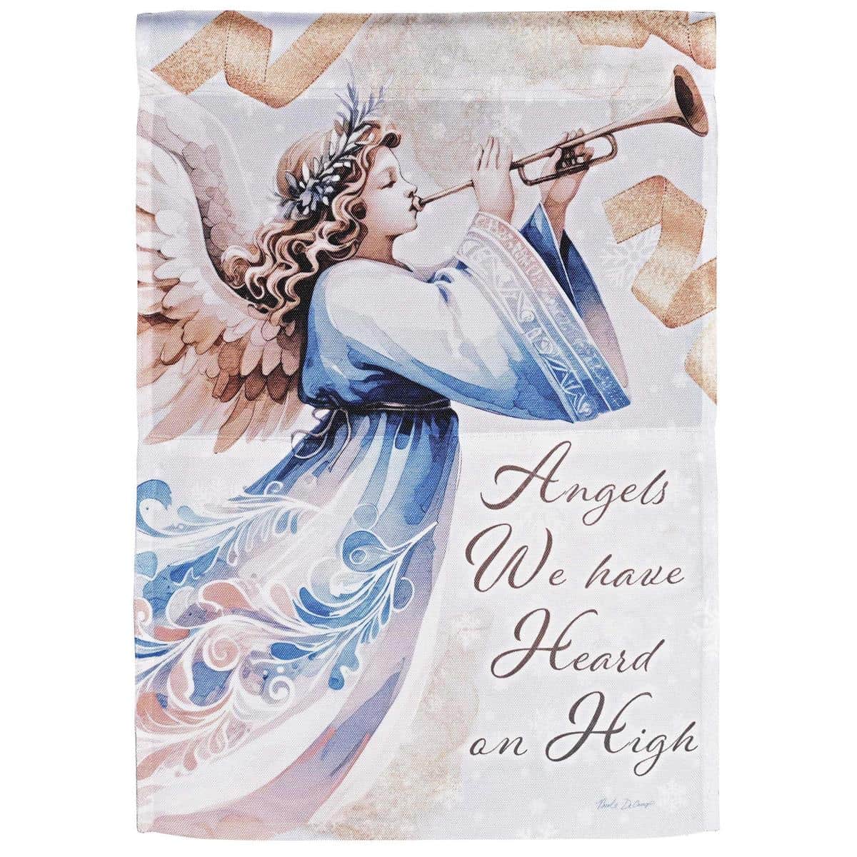 Angel flag showing a white-robed angel blowing a trumpet against a dark festive background, printed details of wings and metallic trumpet highlights suitable for porch or indoor display.