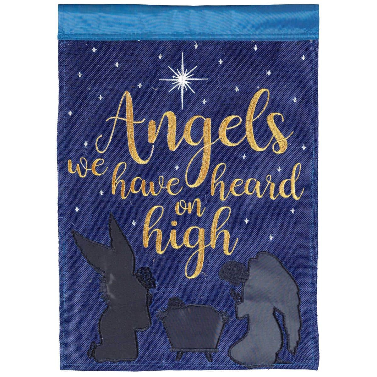 13x18 Angels We Have Heard burlap garden flag with double applique nativity angels and decorative stitching displayed on a small yard flag pole in front of a porch.