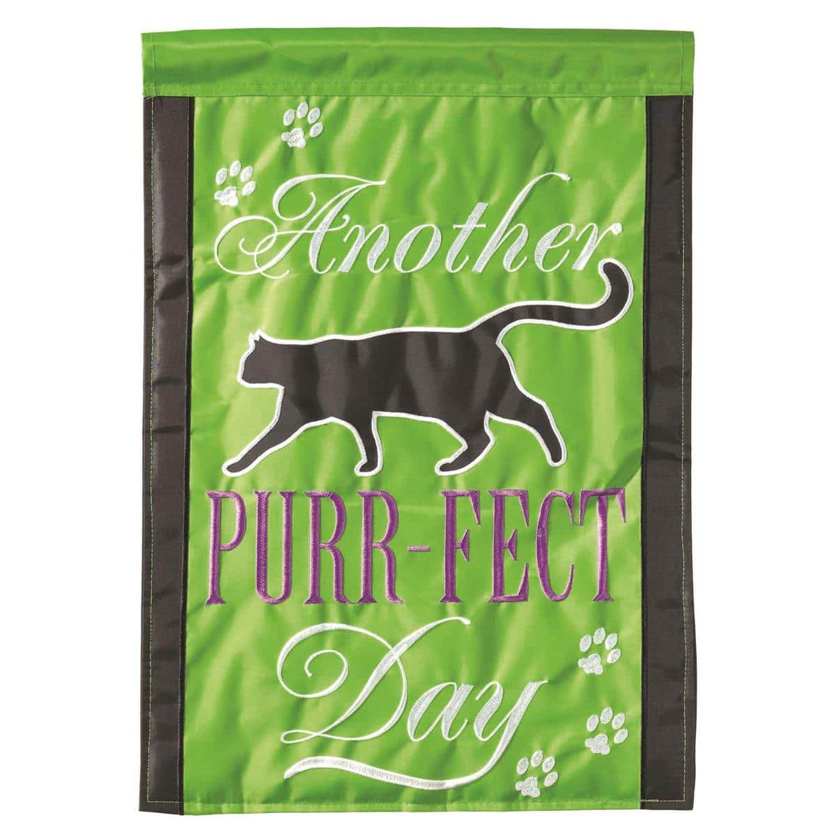 Whimsical 29x42 double applique banner flag featuring a cheerful cat motif with layered fabric textures and detailed stitching for porch or indoor display.