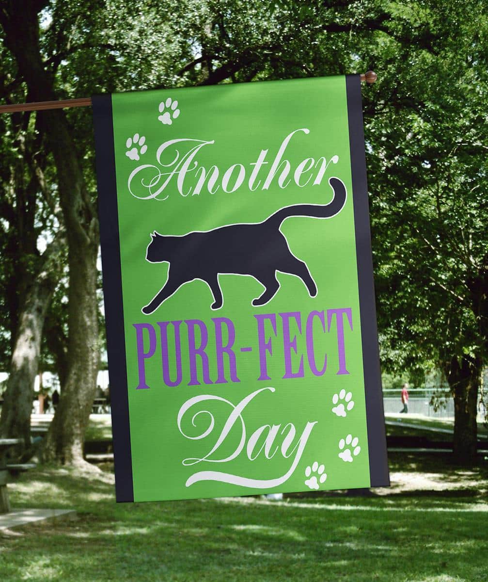 Whimsical 29x42 double applique banner flag featuring a cheerful cat motif with layered fabric textures and detailed stitching for porch or indoor display.