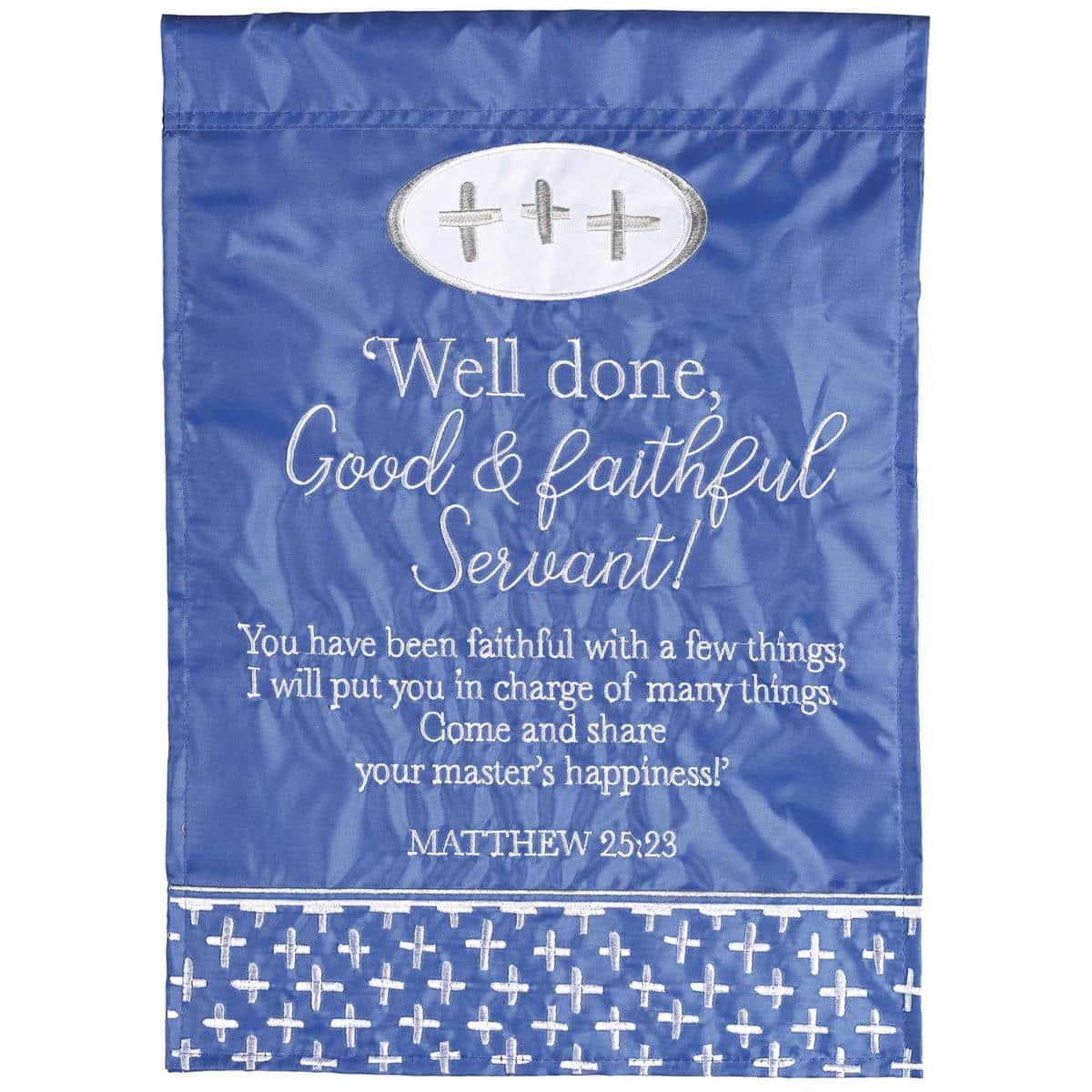 13x18 Applique Good&Faithful Burlap scripture garden flag displayed on a garden pole showing double applique scripture lettering against a textured burlap background with stitched border and hanging sleeve