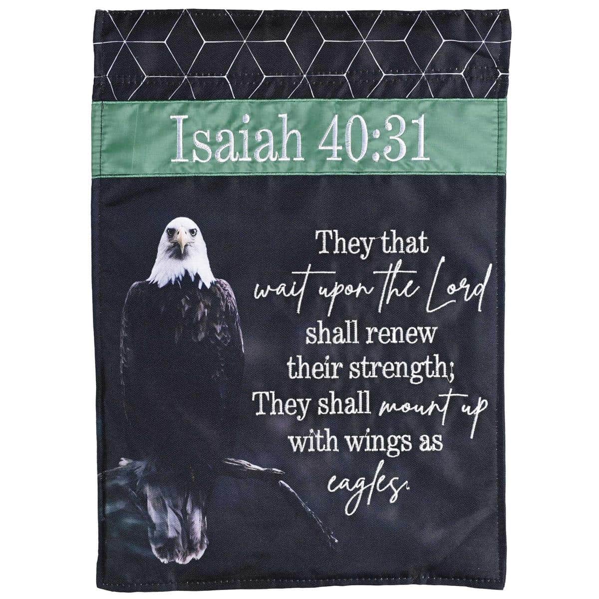 13x18 Applique Plus garden flag showing an appliqued eagle and Isaiah 40:31 scripture in layered fabrics with decorative stitching on durable outdoor material, ideal for porch display