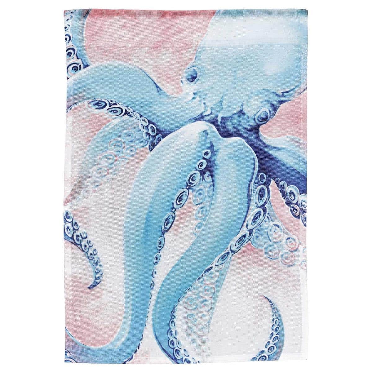 Aquamarine Octopus 13x18 printed garden flag shown on a porch pole with aqua octopus artwork, nautical accents, and a waterfront backdrop for scale and styling.